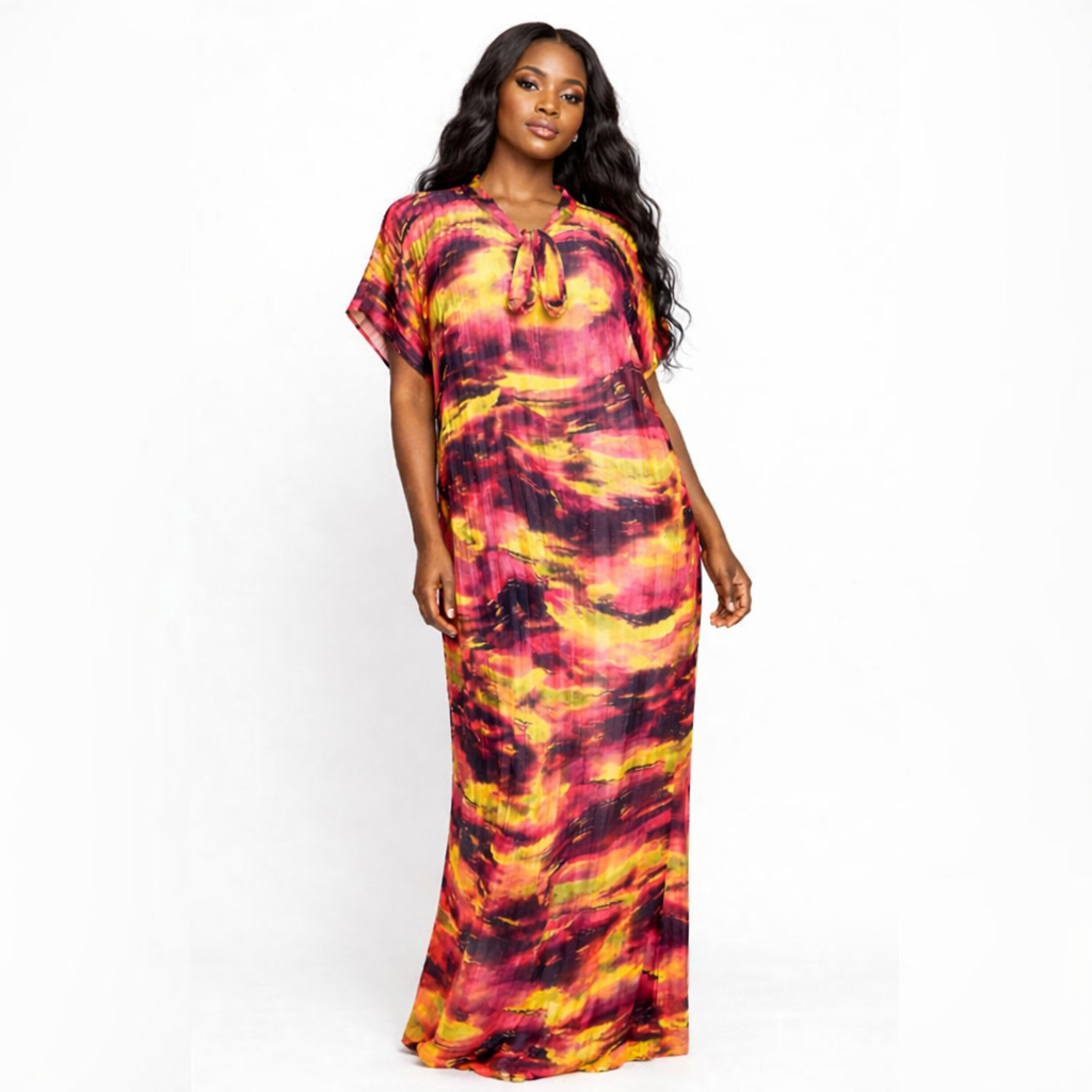 Pleated Abstract Print Maxi Dress with Tie Neck