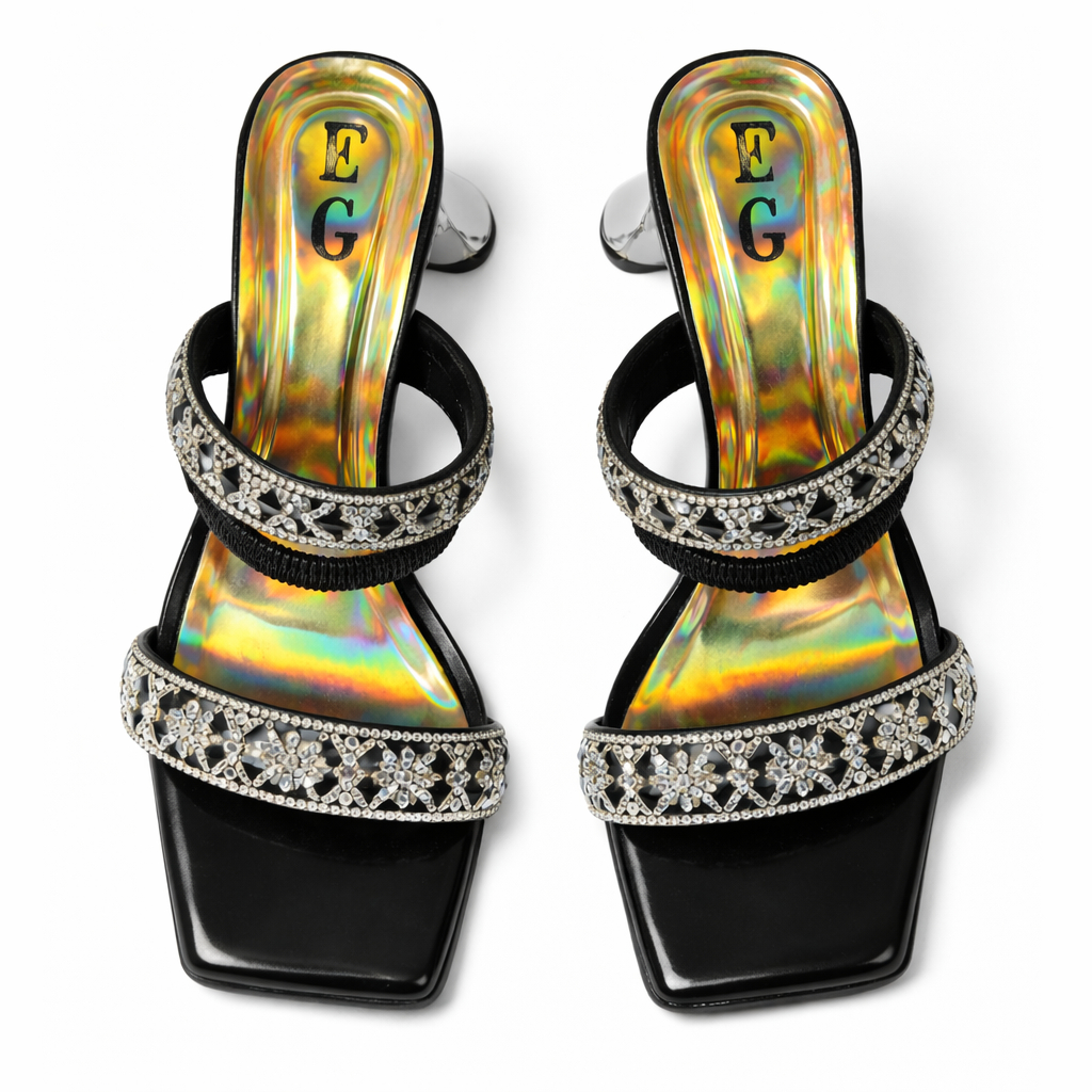 Rhinestone Double Strap Heeled Sandals with Elastic Support
