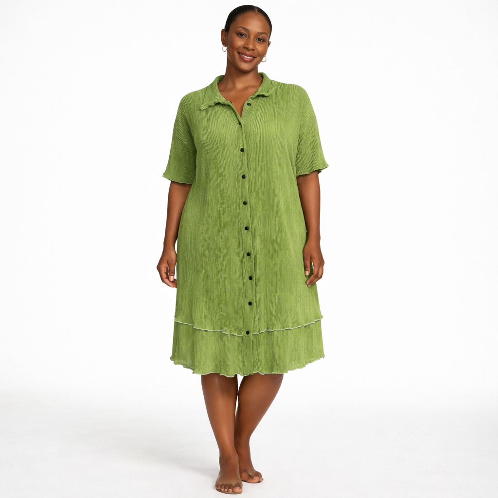 Pleated Button Front Short Sleeve Shirt Dress