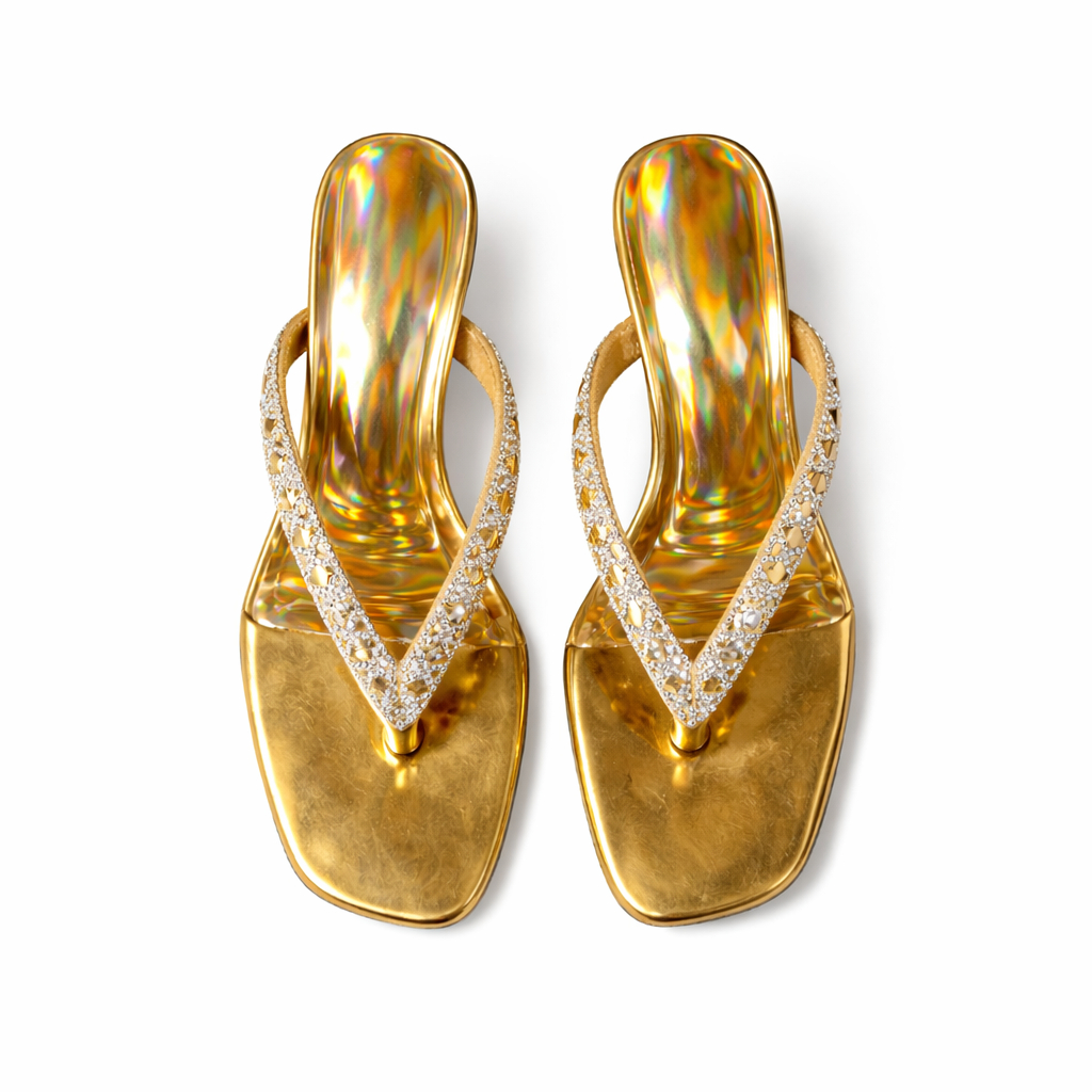 Gold Rhinestone Heeled Slippers for Women