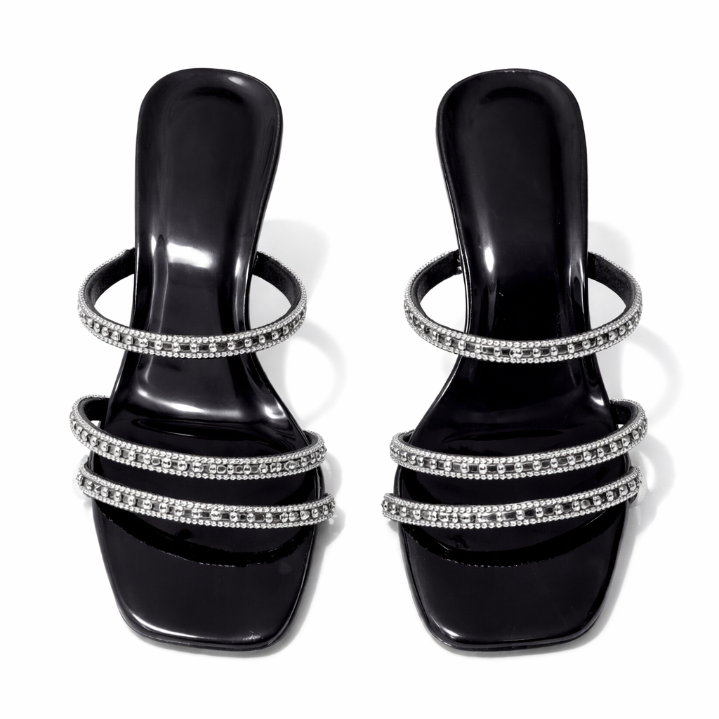 Black Rhinestone Strap Heeled Slippers for Women