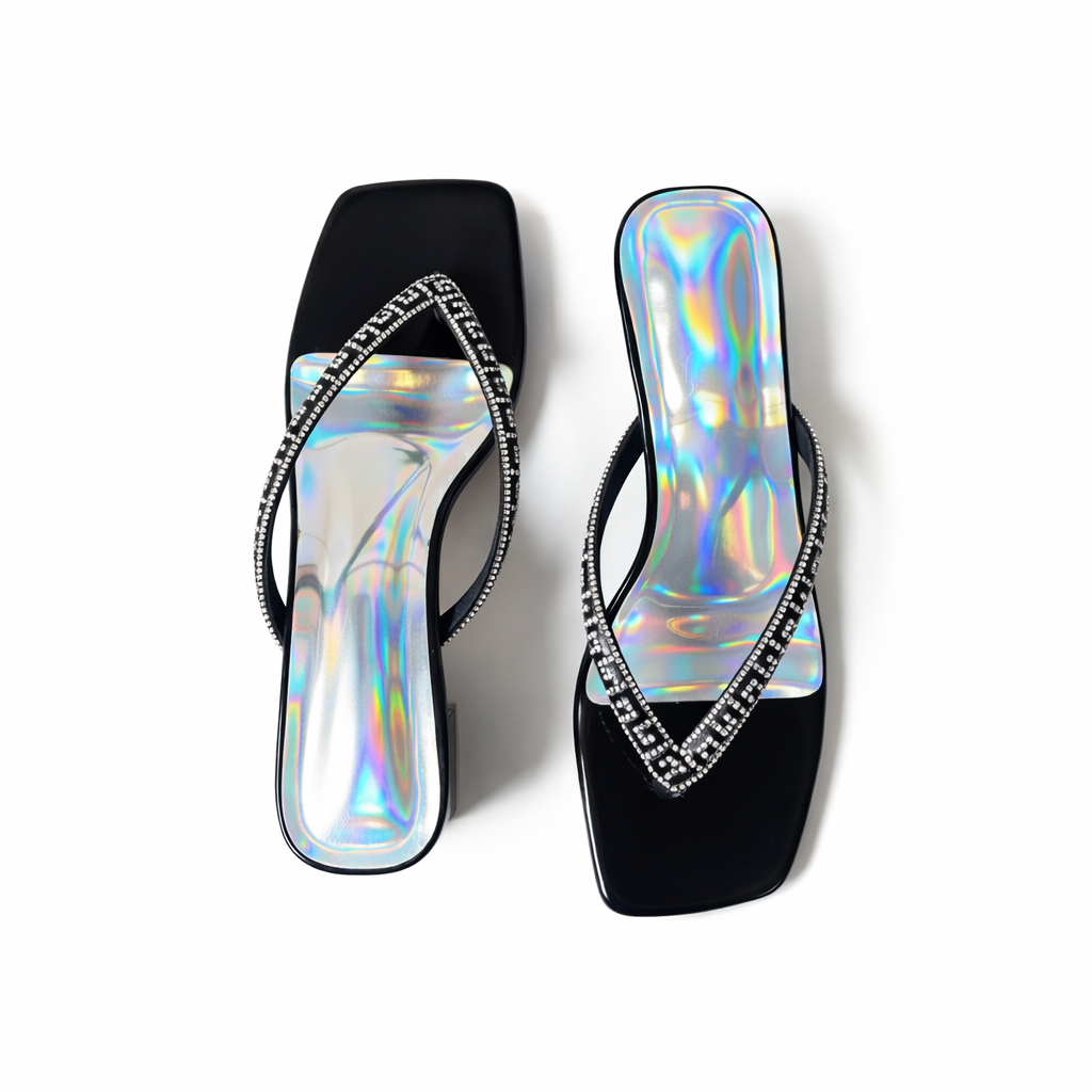 Holographic Black Rhinestone Heeled Slippers for Women