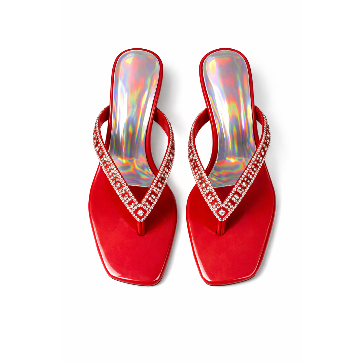 Red Holographic Rhinestone Heeled Slippers for Women