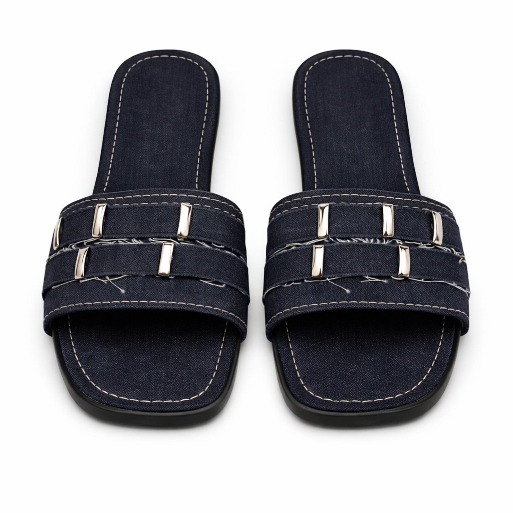 Womens Denim Slide Sandals with Metal Ring Detail