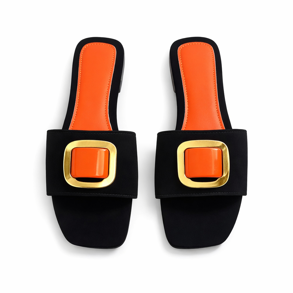 Womens orange and black Buckle Flat Slide Sandals