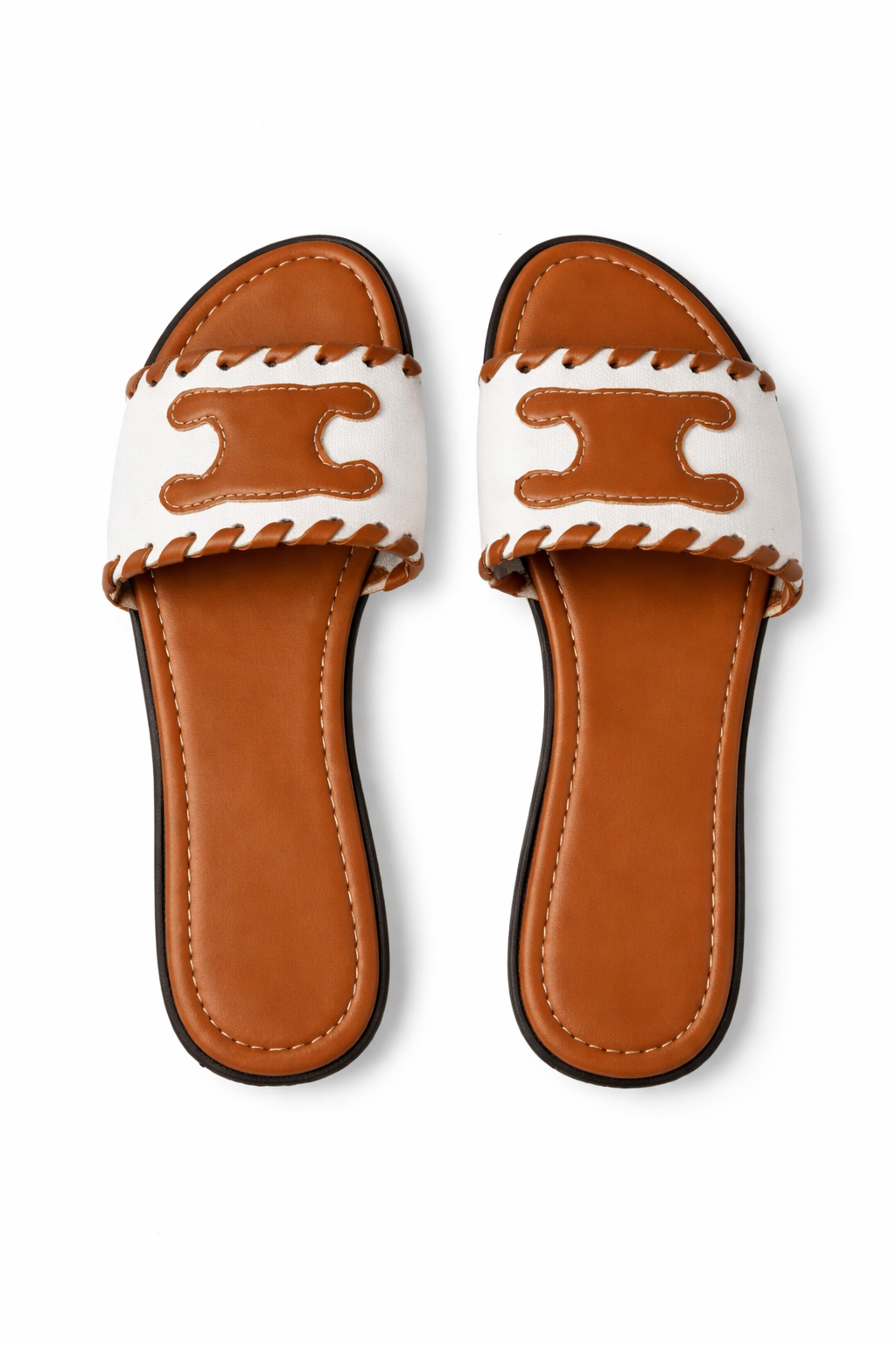 Womens Flat Slide Sandals with Stitched Strap