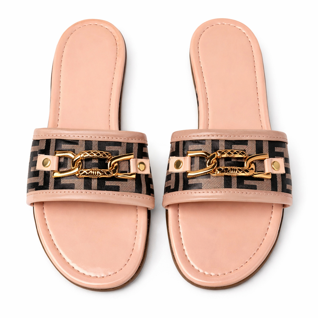 Womens Flat Slide Sandals with Patterned Strap and Metal Detail