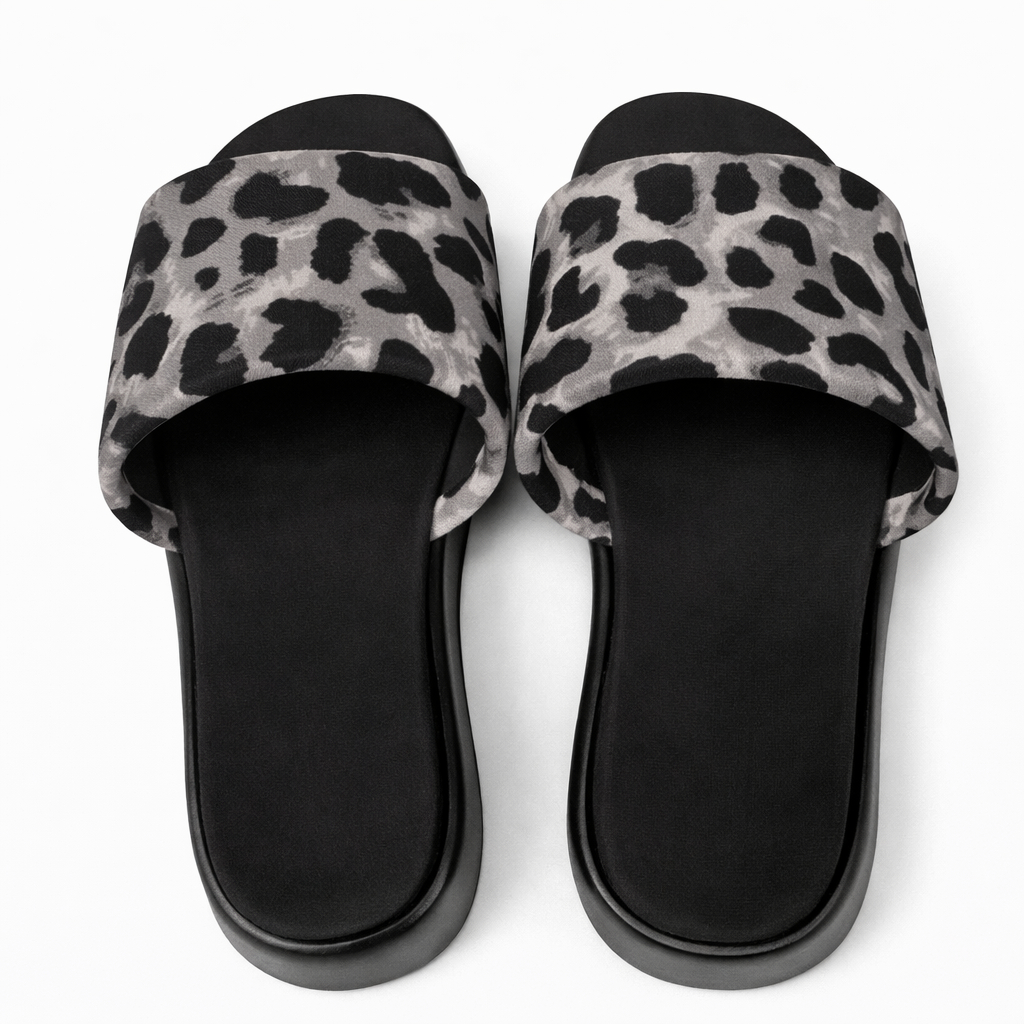 Womens Flat Slide Sandals with Animal Print Strap
