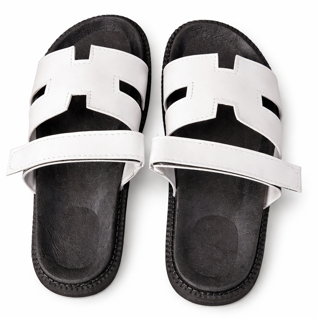 Quality White Double Strap Flat Slide Sandals