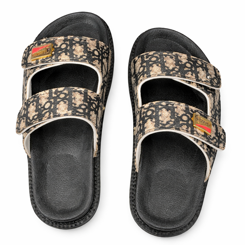 Quality Patterned Double Strap Open Toe Slip On Sandals