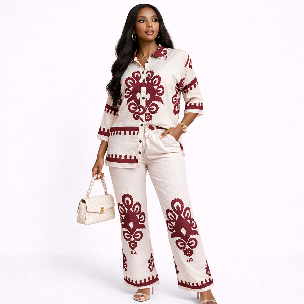 Patterned two piece Long Sleeve Shirt and Trousers Set for women