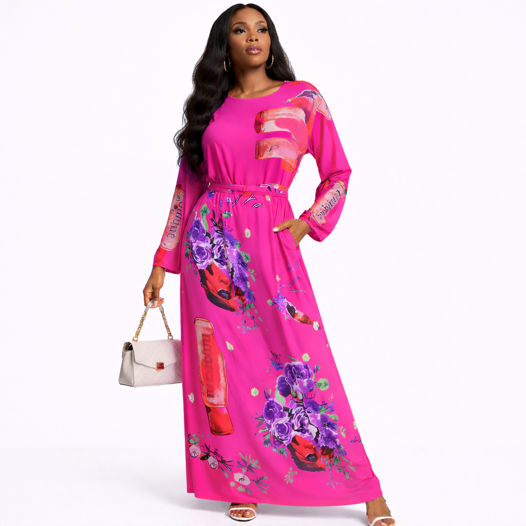 Women Elegant printed  Long Sleeve Maxi Dress