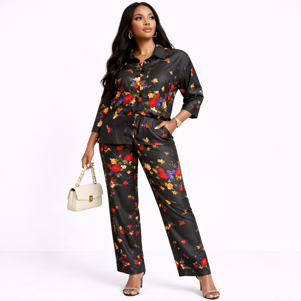 Women Black Floral Two Piece Pants Set