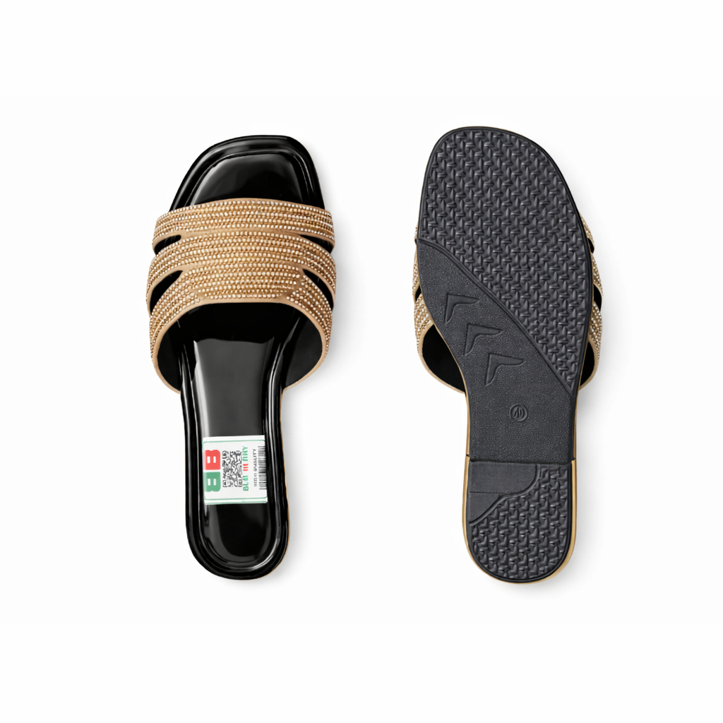 Embellished Flat Slide Sandals  with silver and Bronze Beaded Detail