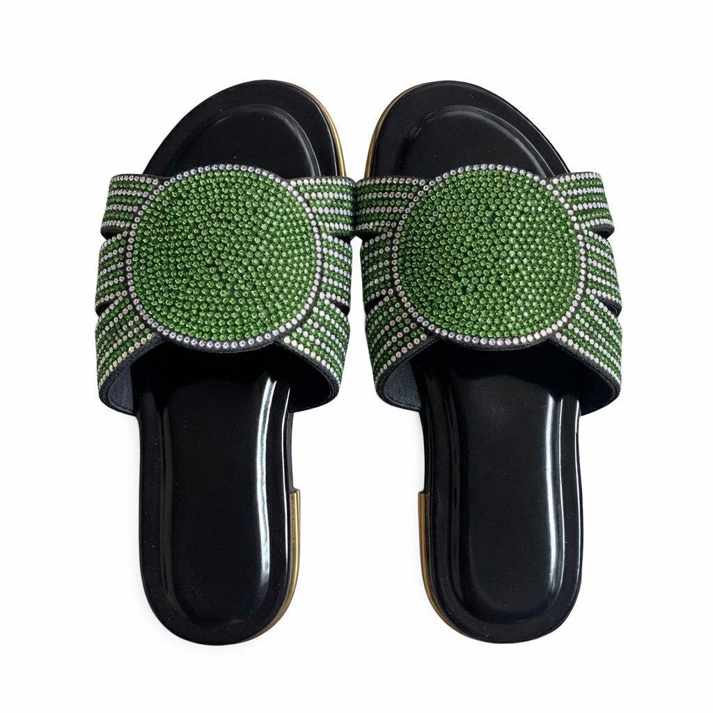 Embellished Flat Slide Sandals with Green and Silver Rhinestone Detail