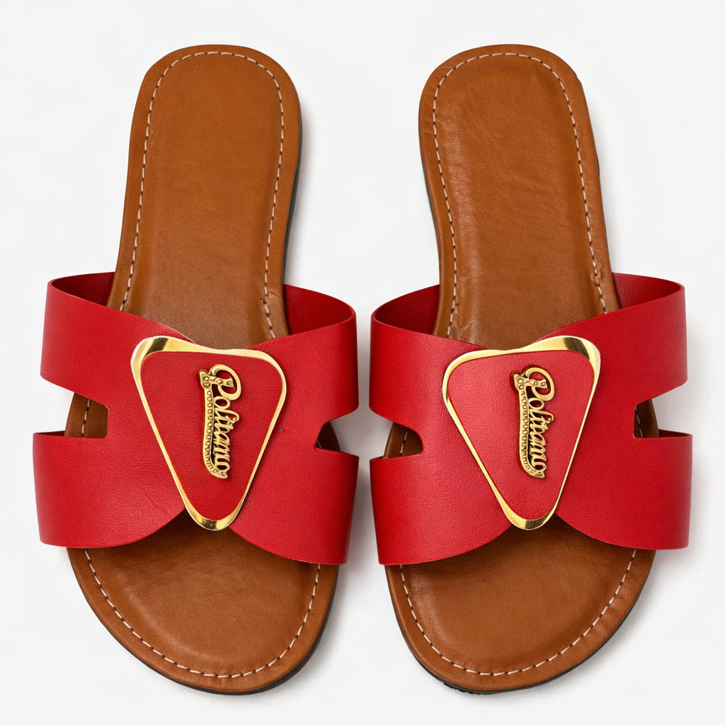 Womens Flat Slide Sandals with golden Decorative Buckle Strap