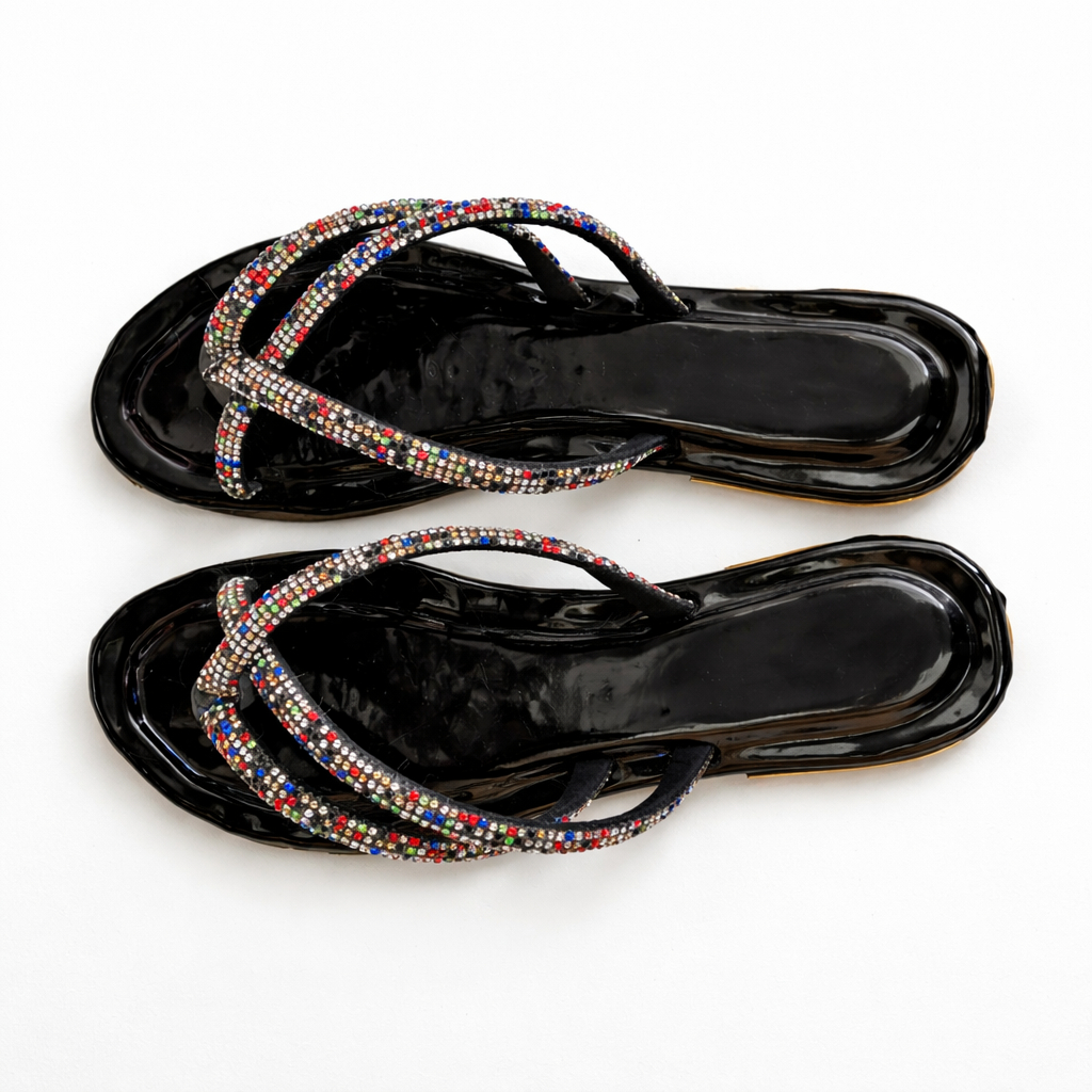 Embellished Flat Slide Sandals with Crystal Straps