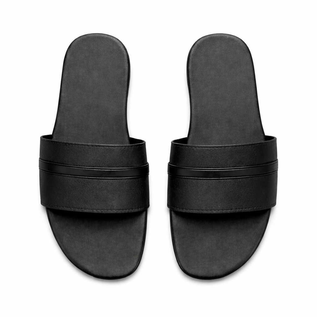 Quality women flat slide sandals with Black Printed Strap and Gold Accent