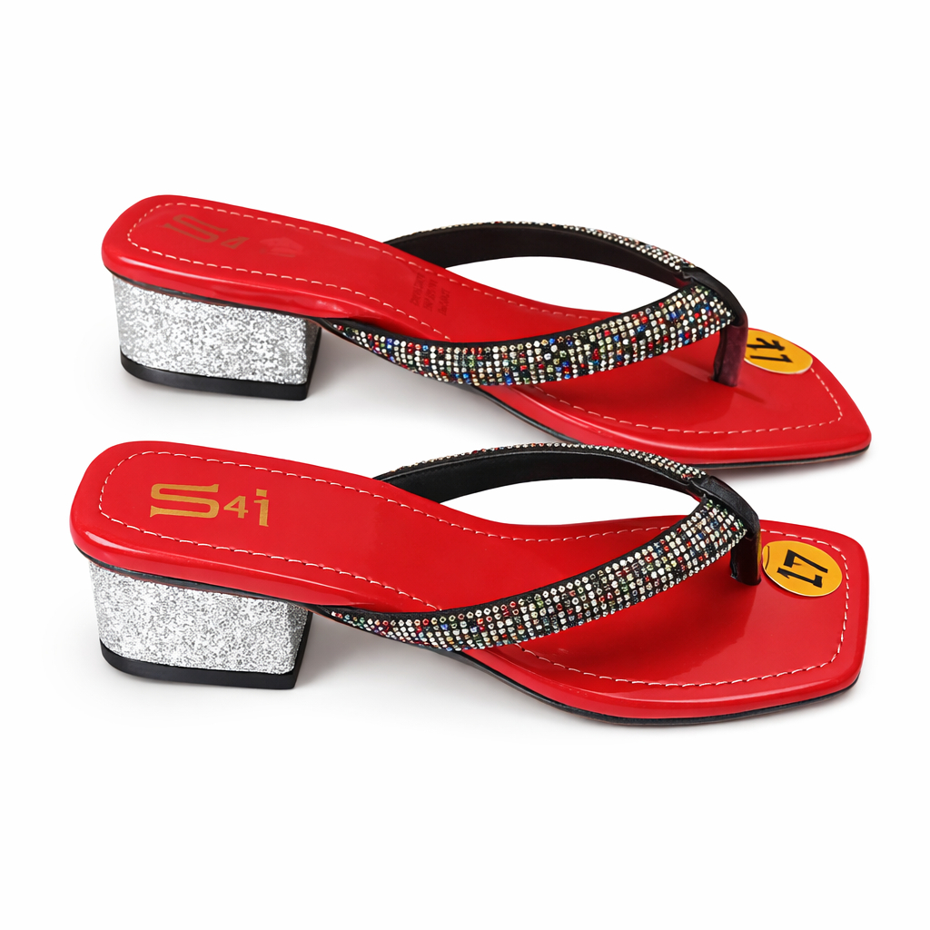 Women Red Embellished Thong Sandals with Low Block Heel