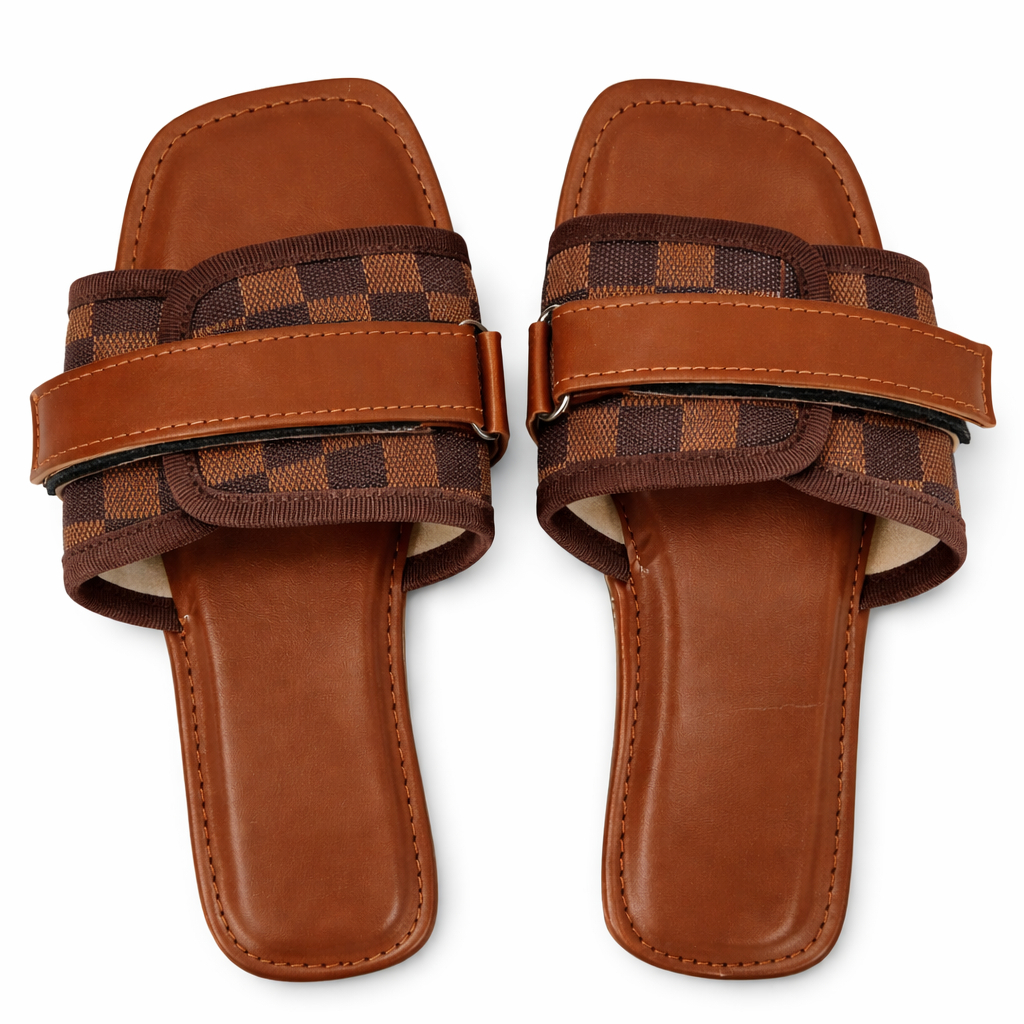 Women Brown Checkered Slide Sandals with Adjustable Strap