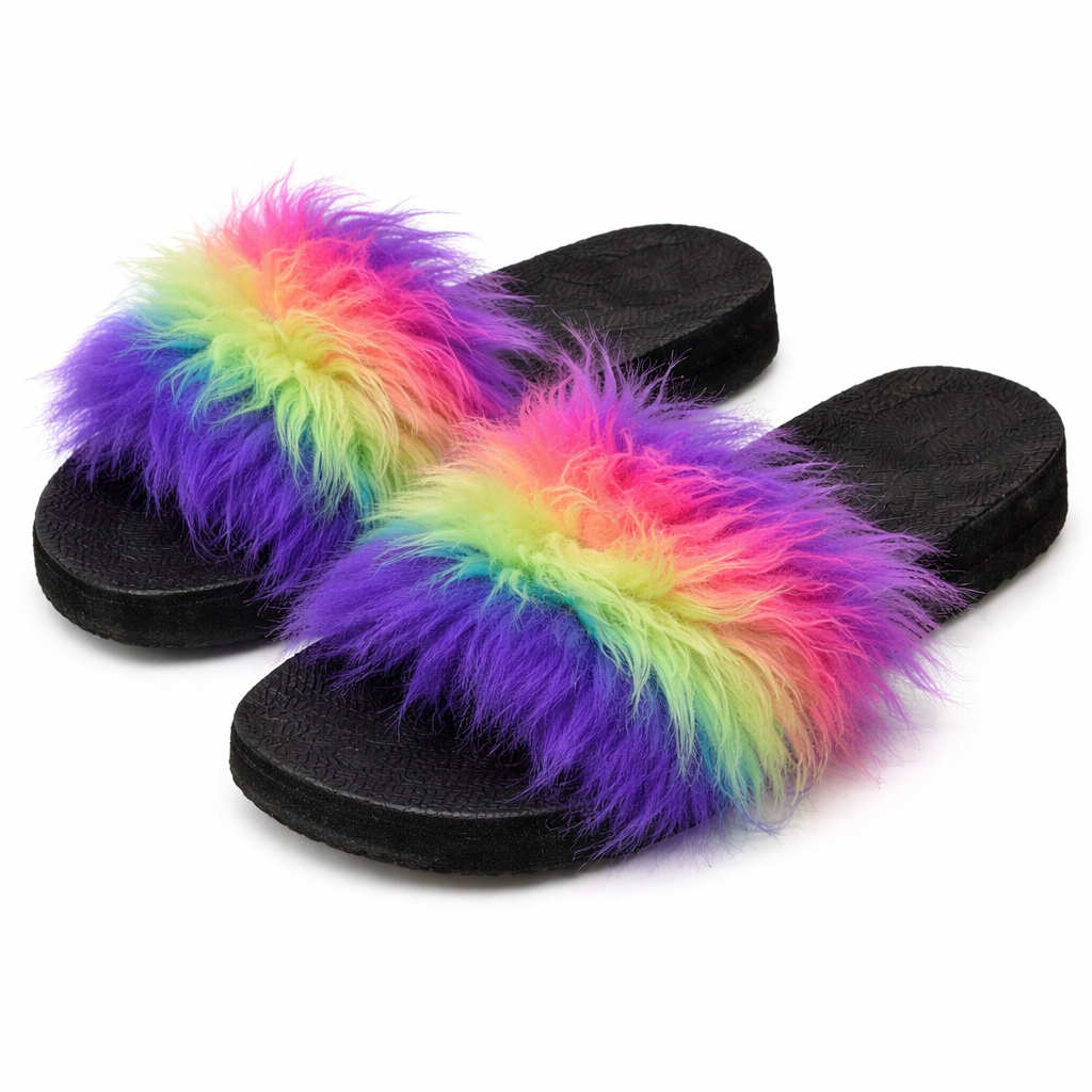 Colorful Faux Fur Slide Sandals with Flat Sole