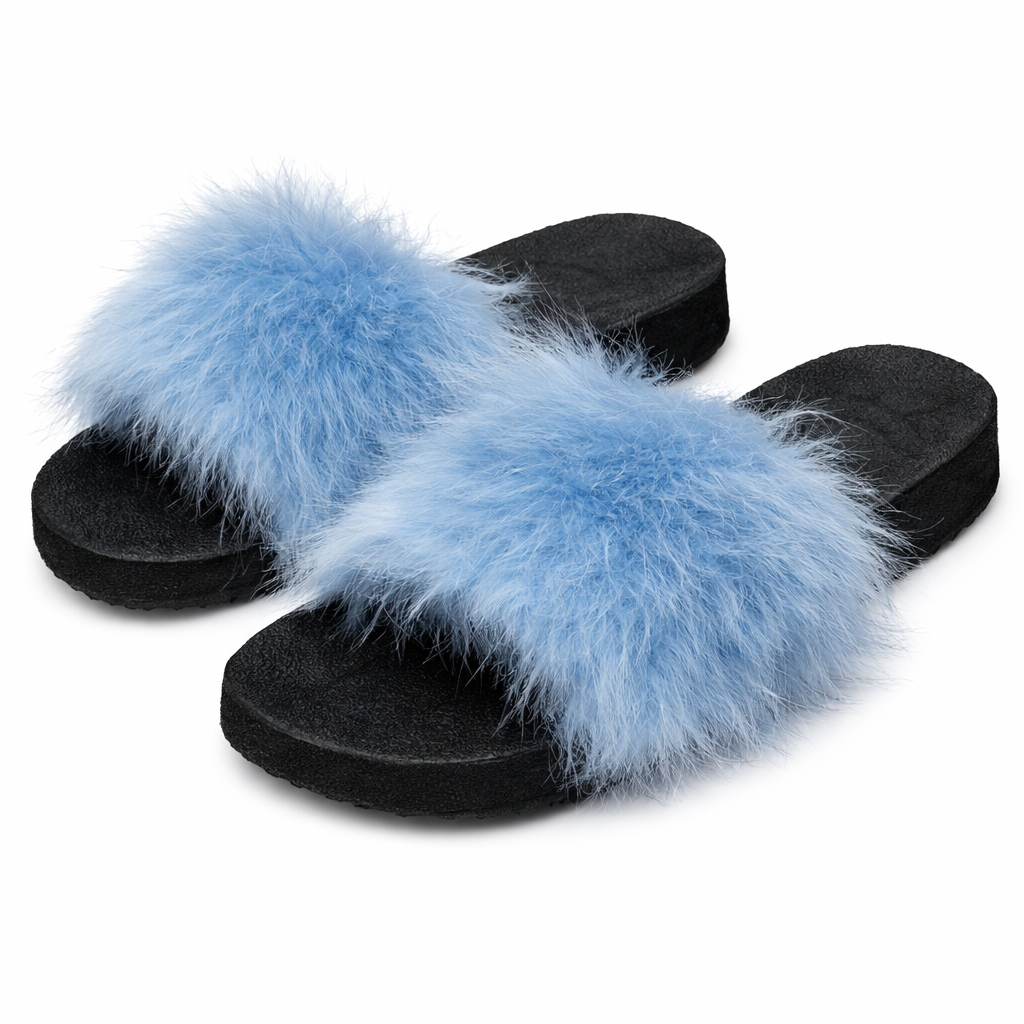 Elegant light blue Fluffy Faux Fur Slide Sandal