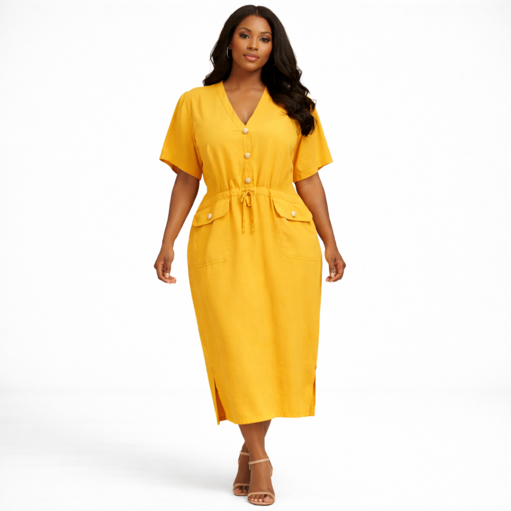Womens Short Sleeve V Neck Midi Dress with Drawstring Waist