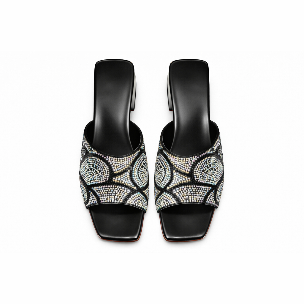 Women Black Rhinestone Mule Block Heel Slip On Sandals