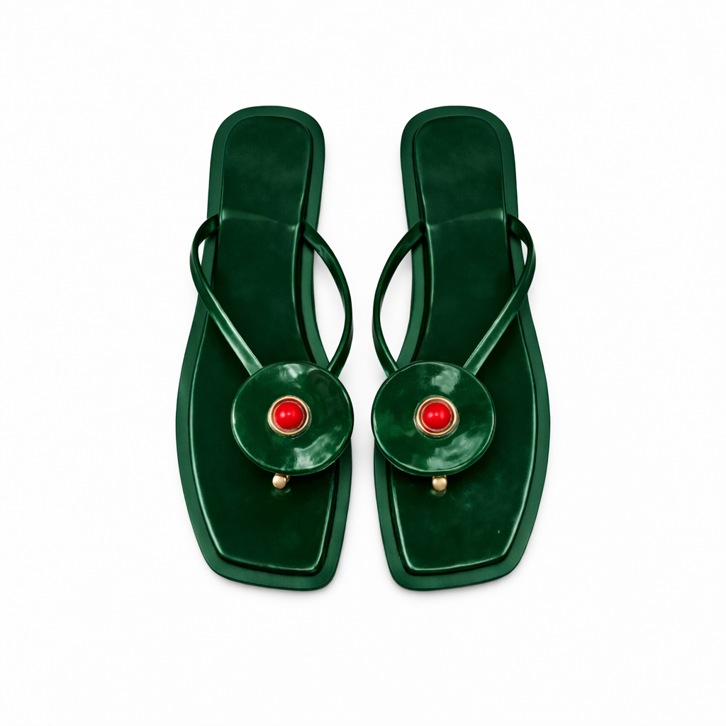 Womens Dark Green Slip On Sandals with Decorative Button Detail