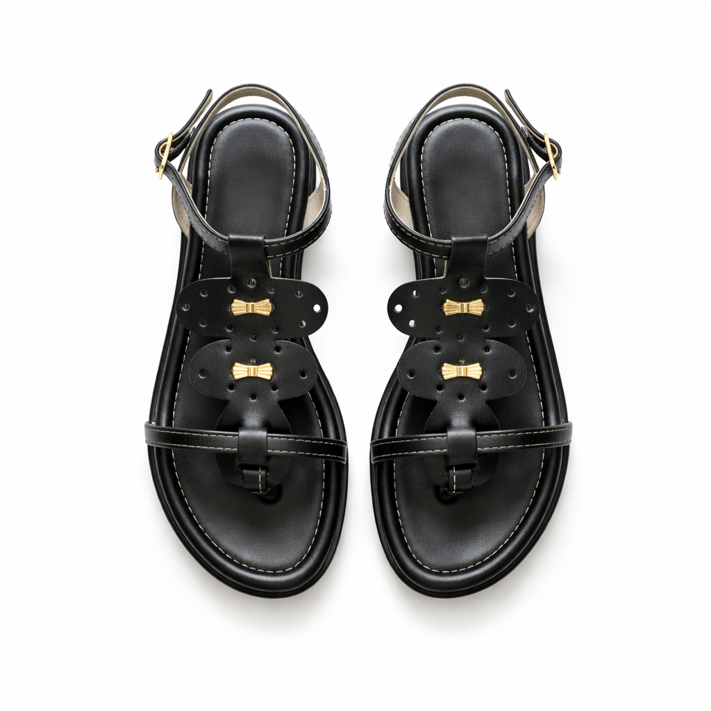 Women Black Ankle Strap Flat Sandals with Gold Bow Detail