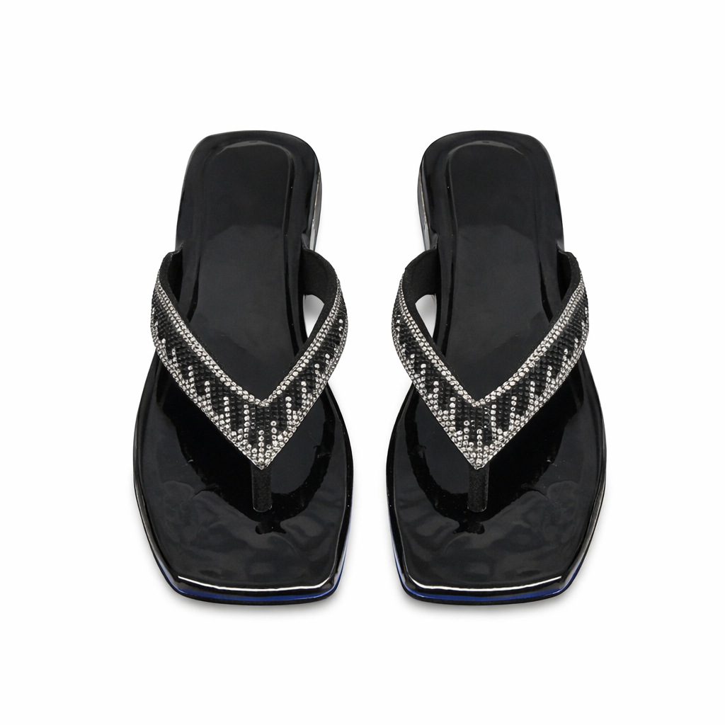 Black and silver Rhinestone Strap Low Heel Slide Sandal