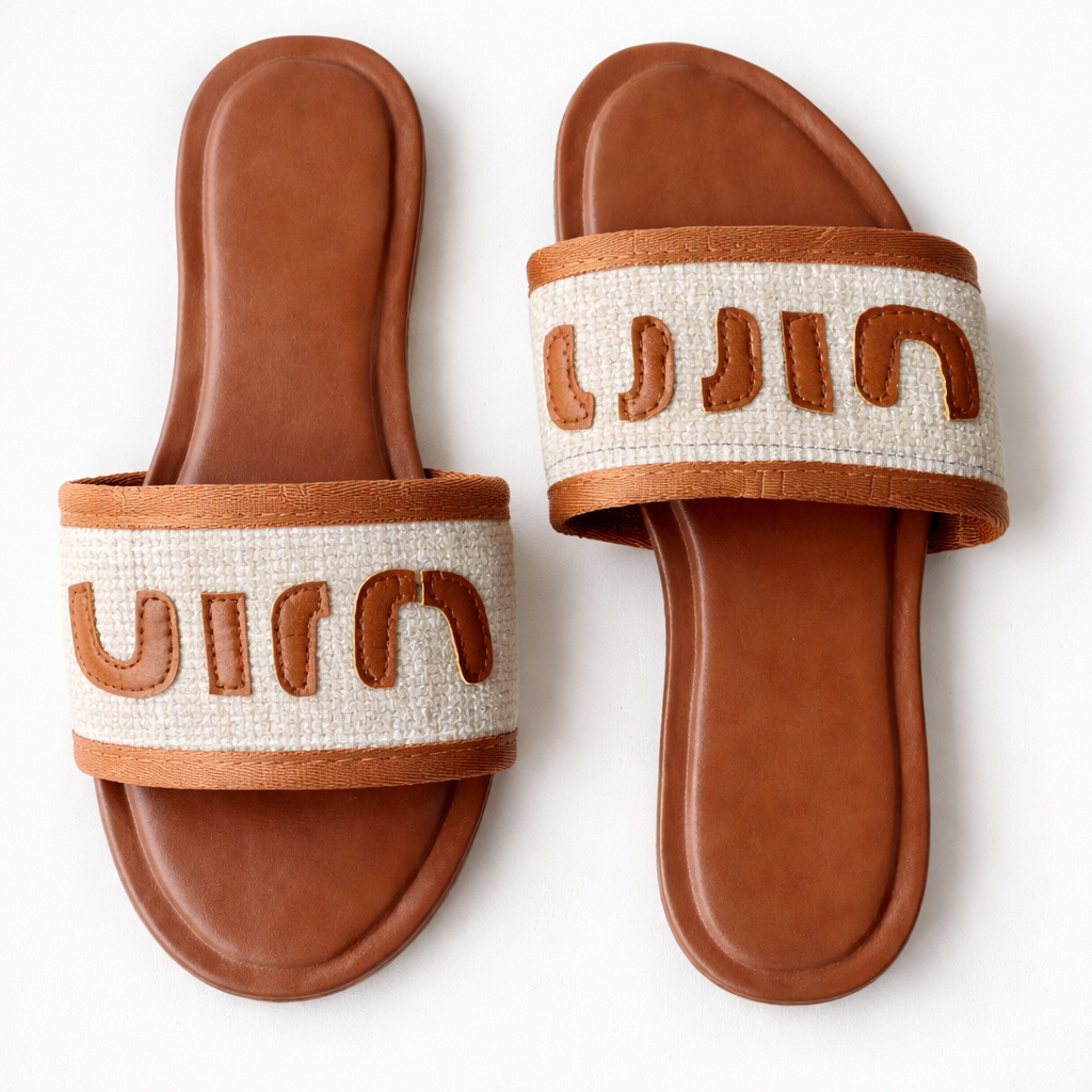 Womens Flat Slide Sandals with Textured Strap