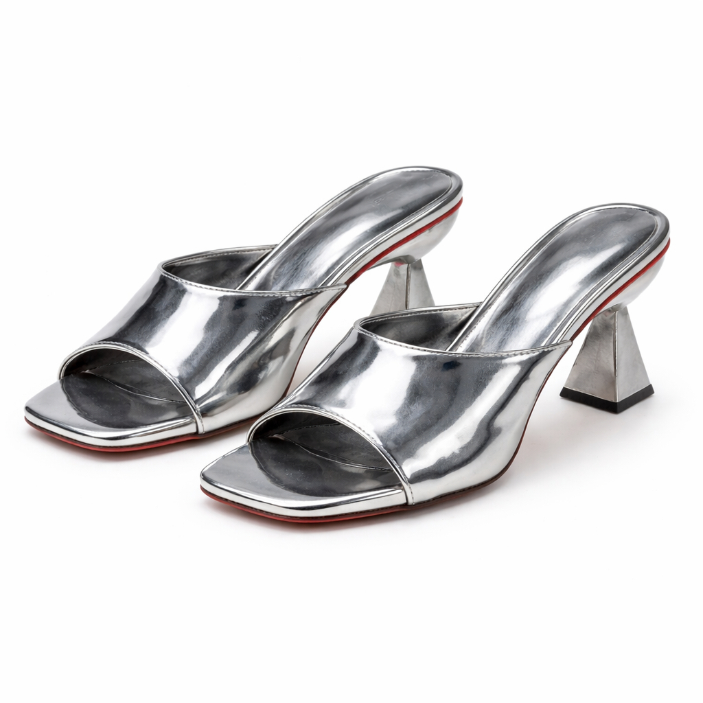 Metallic Open Toe Slip On Heeled Sandals