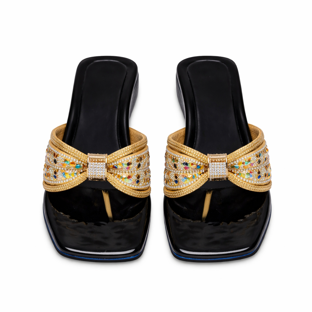 Women Luxury Gold Rhinestone Bow Slide Sandals