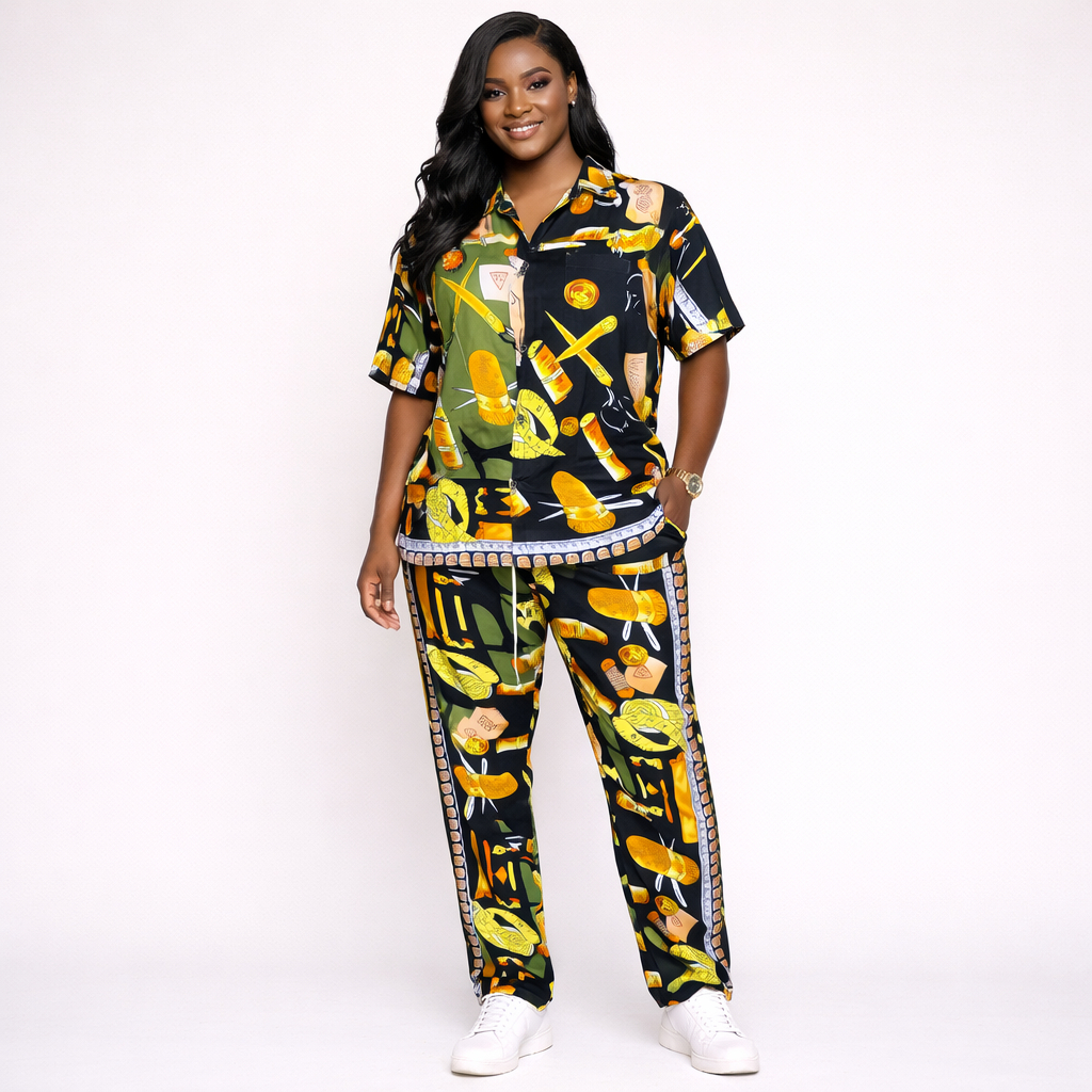 Printed  Unisex Two Piece Shirt and Trouser Fabric Set