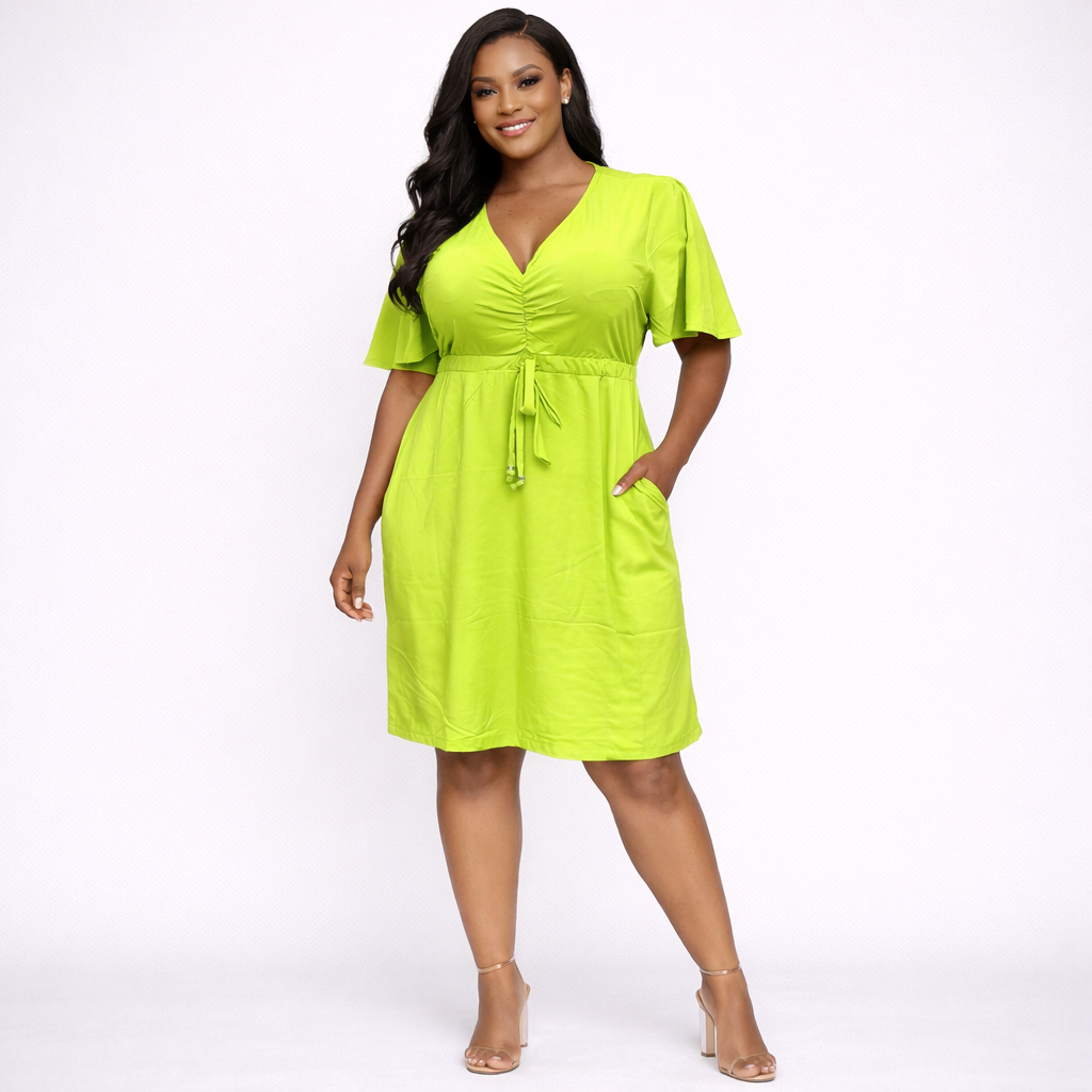 Lime Green V Neck Short Sleeve Drawstring Dress