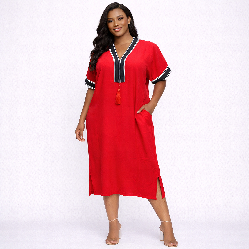 Quality Red V Neck Short Sleeve Maxi Dress with Side Slit