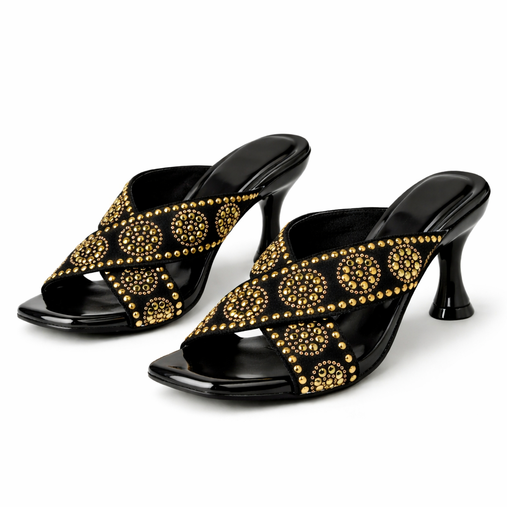 Studded Cross Strap Mid Heel Sandals