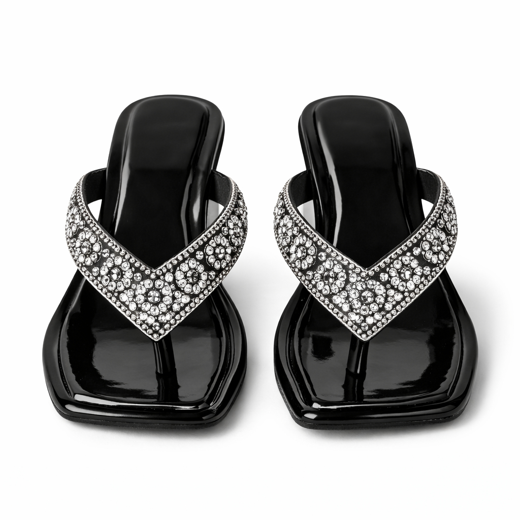 Womens Rhinestone Strap Block Heel Sandal