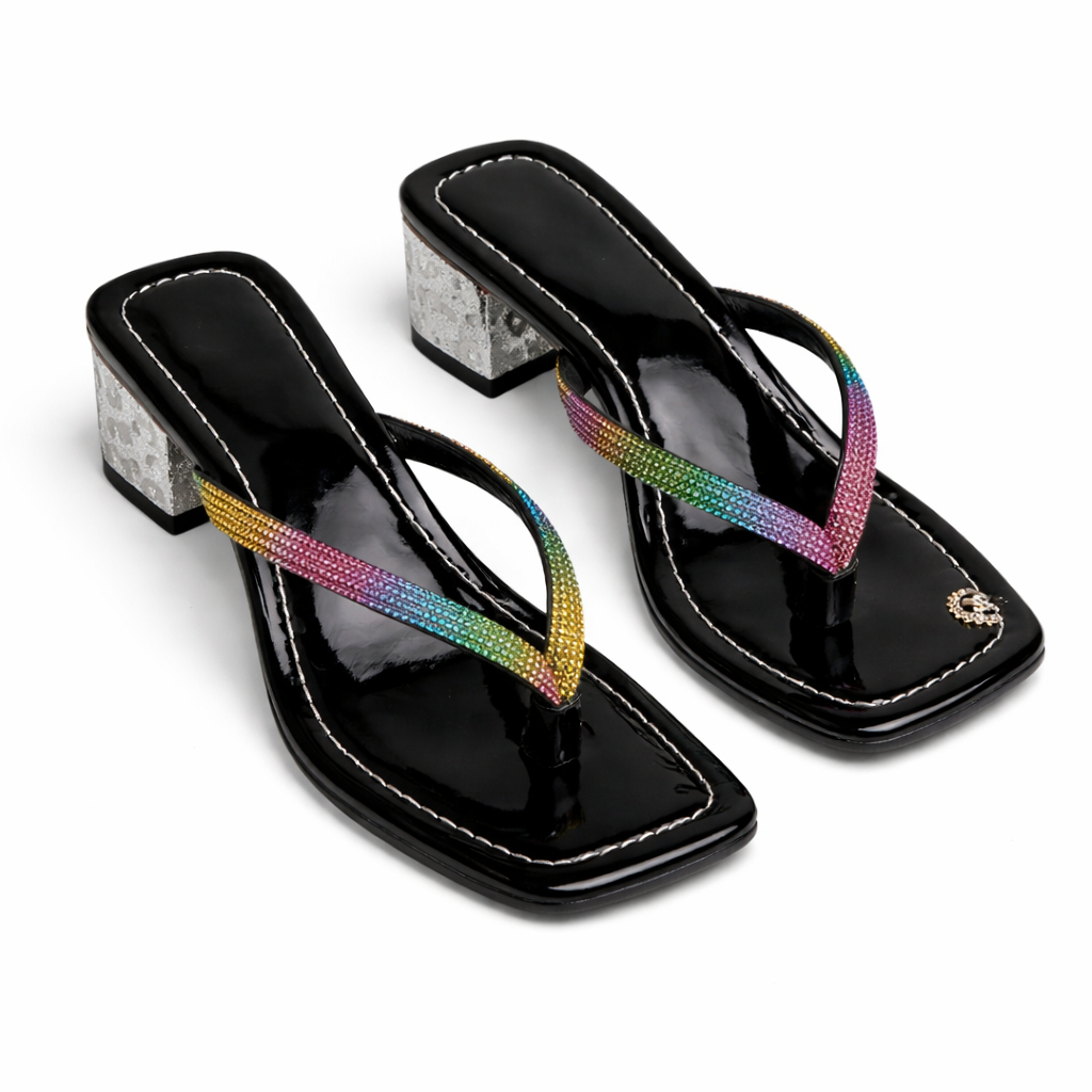 Womens Rhinestone Strap Block Heel Sandals