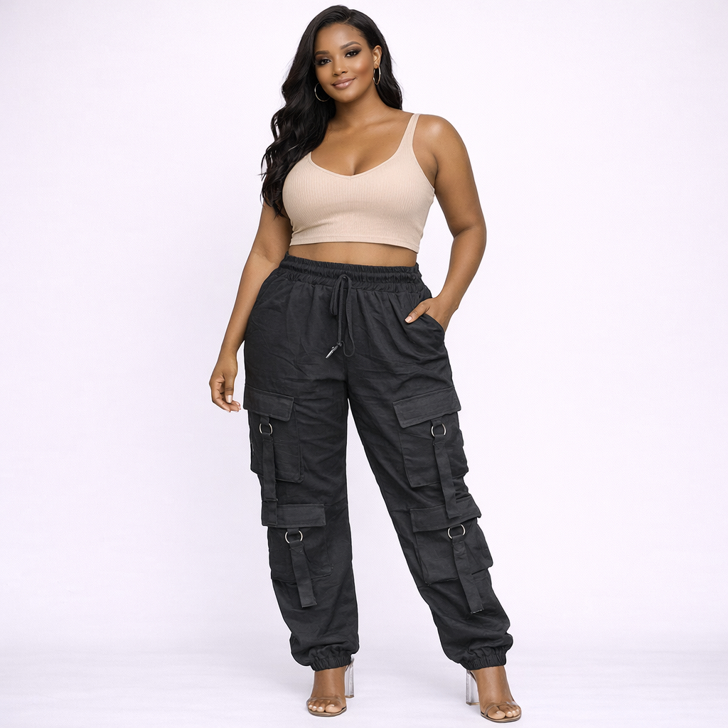 Black Multi Pocket Cargo Pants with Elastic Waist