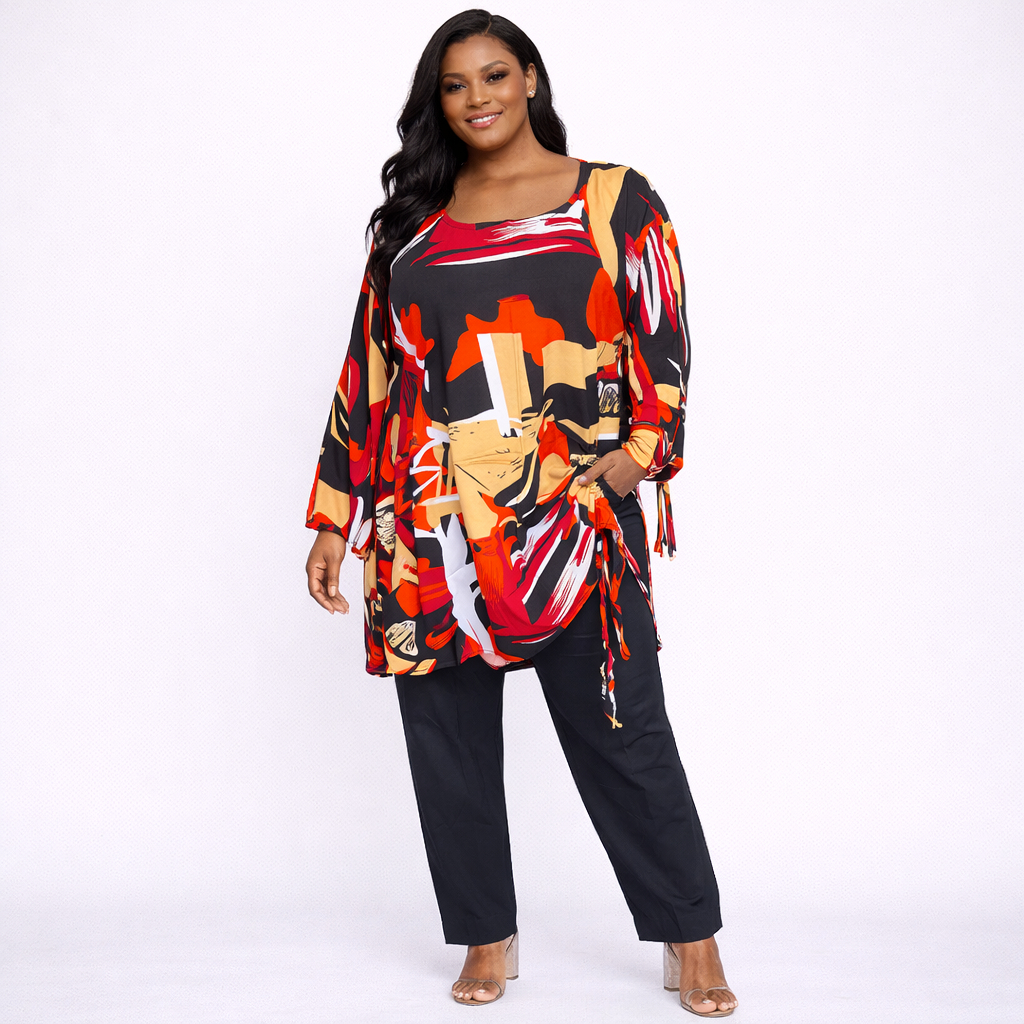 Abstract Print Long Sleeve Tunic Top and trouser set with Side Ruching
