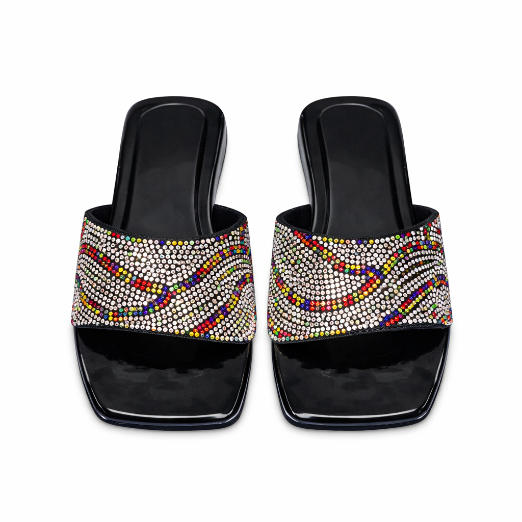Rhinestone Embellished OpenToe Slip On Heeled Sandals