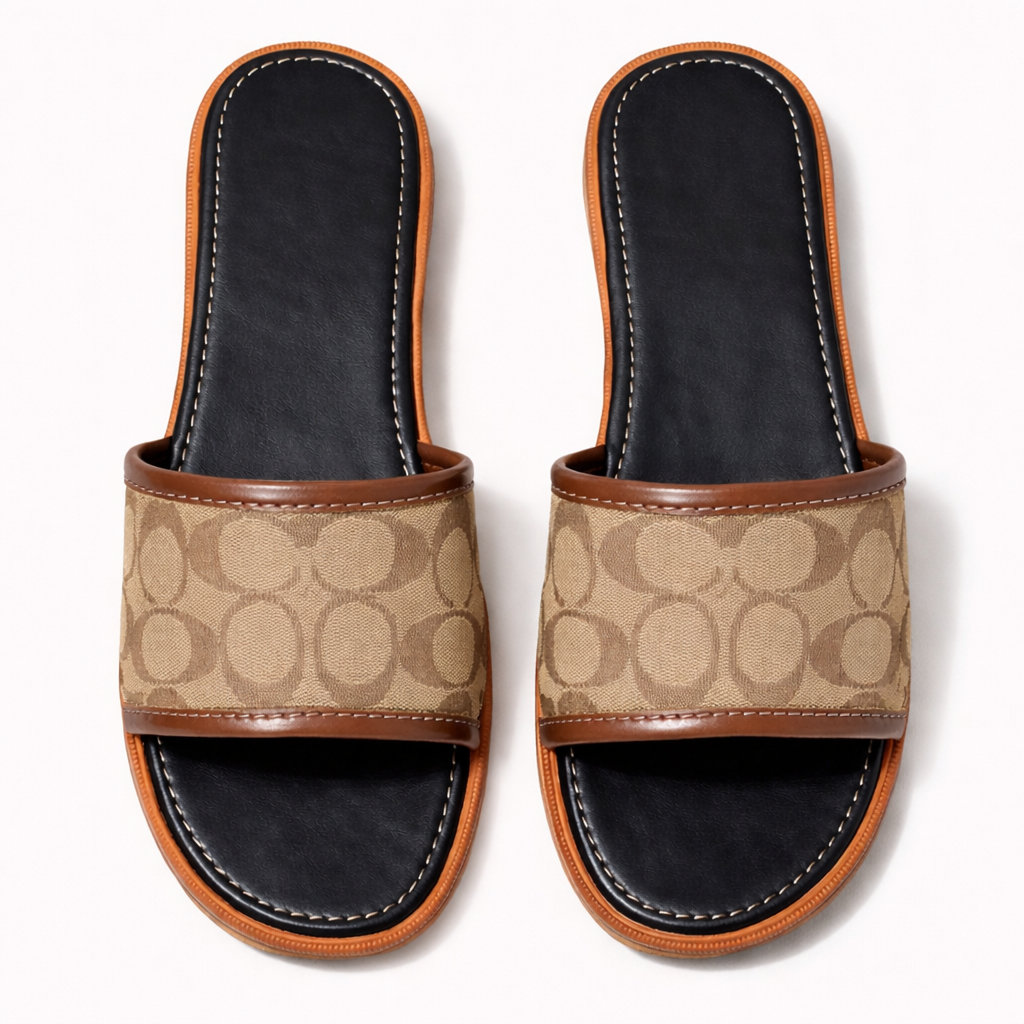 Womens Flat Slip On Slide Sandals with Patterned  brown Strap