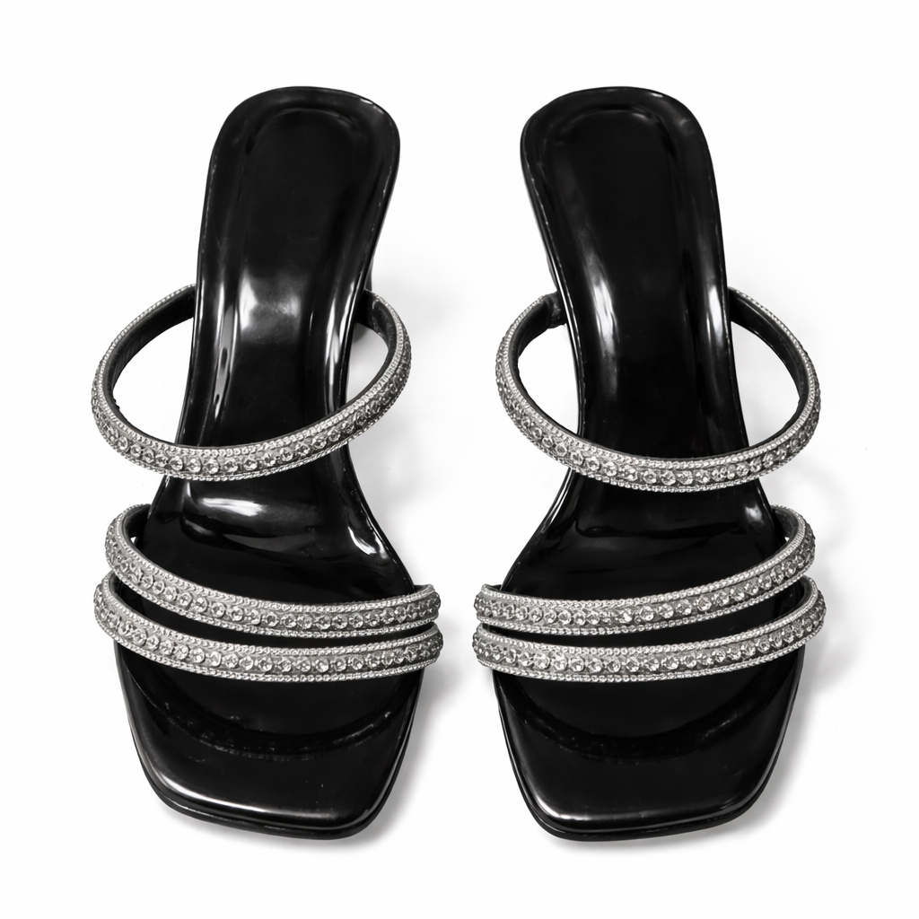 Black Rhinestone Strap Mid Heel Sandals Elegant Slip On Design