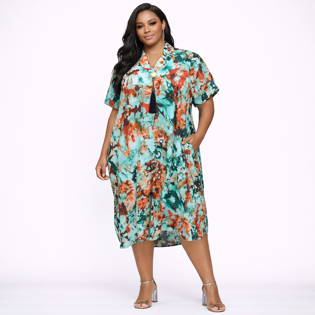 Printed Short Sleeve Midi Dress with Pockets