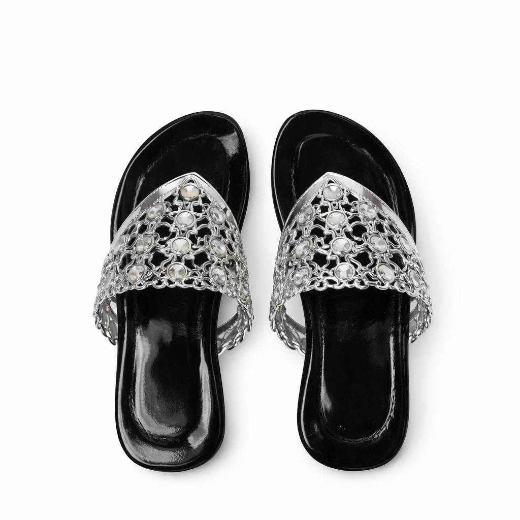 Embellished Flat Slide Sandals with Metallic Strap