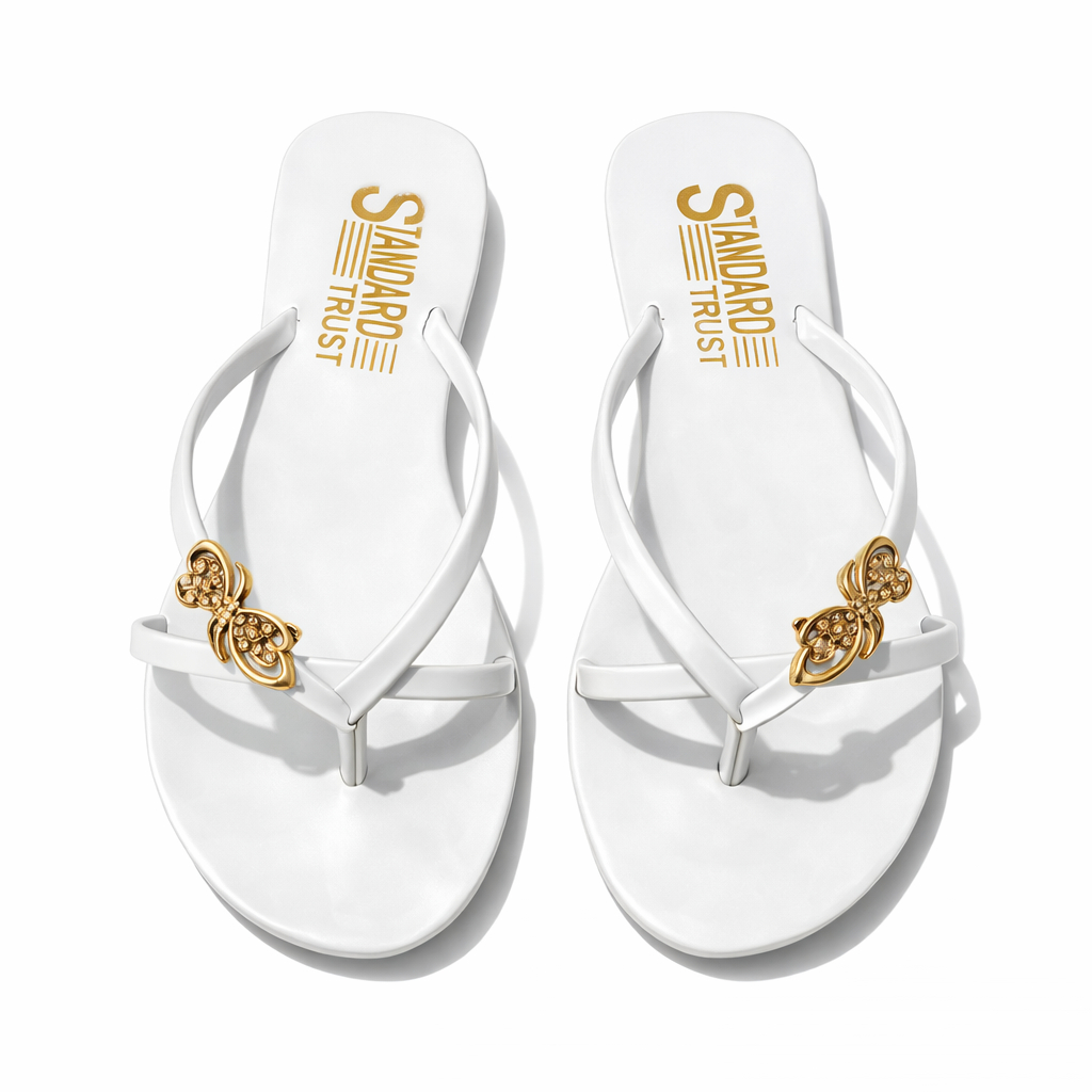 Butterfly Detail Flat Slippers Glossy Casual Slip On Sandals