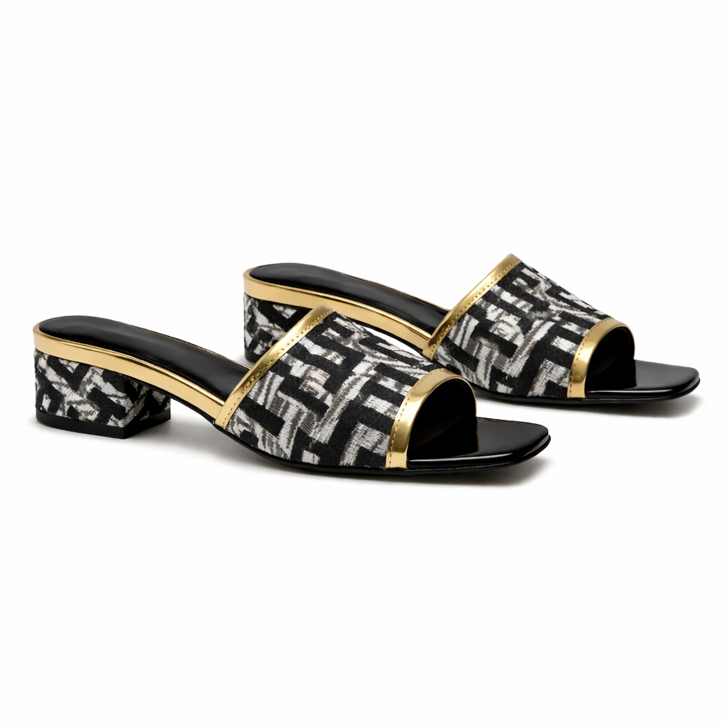 Patterned Single Strap Flat Slide Sandals with Gloss Finish