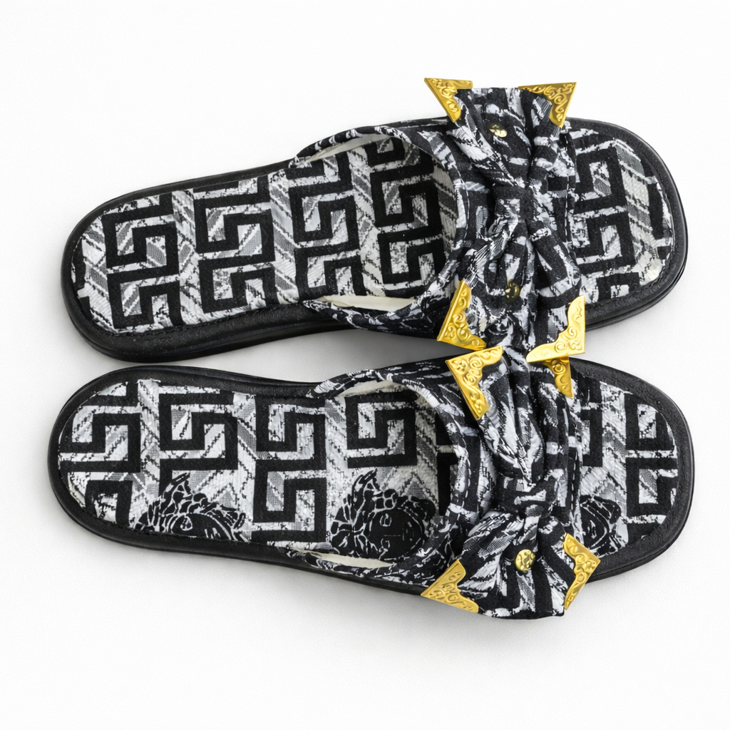 Knotted Fabric Flat Slide Sandals with Decorative Metal Detail